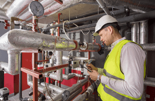 man wearing hard hat working on pipes 